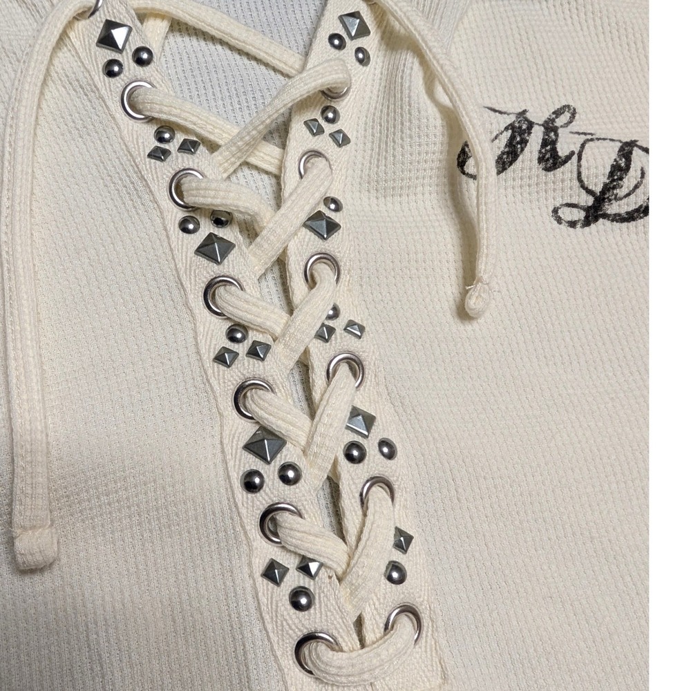 Harley-Davidson Cream Skull Rhinestone Waffle Knit Lace Up Henley Hoodie NWT 2XL - Picture 4 of 10